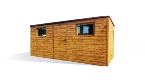 5,1×1,7m-es fém kerti tároló hátra lejtő tetővel, világos aranytölgy falakkal és ajtóval, 2db ablakkal, csokoládébarna tetővel, szegélyekkel, horganyzott vázszerkezettel, vízszintes lemezborítással