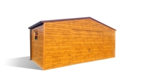 6x3m-es delux fém kerti tároló nyeregtetővel, csokoládébarna cserepeslemez tetővel, világos aranytölgy falakkal, billenőkapuval és ajtóval, ablakkal, ereszcsatornával, szegélyekkel, horganyzott vázszerkezettel, vízszintes lemezborítással