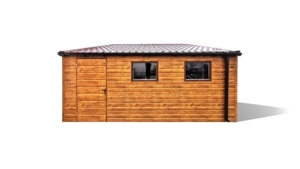 6x4m-es delux fém kerti tároló előre lejtő tetővel, cserepeslemez tetővel, aranytölgy falakkal és ajtóval, 2db ablakkal, ereszcsatornával