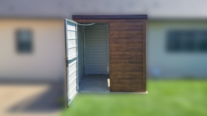 2x1,9m-es delux fém kerti tároló hátra lejtő tetővel, sötét diófa falakkal és ajtóval, csokoládébarna tetővel, ereszcsatornával, szegélyekkel, horganyzott vázszerkezettel, vízszintes lemezborítással