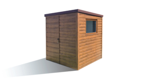 2x1,9m-es delux fém kerti tároló hátra lejtő tetővel, sötét diófa falakkal és ajtóval, csokoládébarna tetővel, ereszcsatornával, szegélyekkel, horganyzott vázszerkezettel, vízszintes lemezborítással