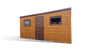 5,1×1,7m-es fém kerti tároló hátra lejtő tetővel, világos aranytölgy falakkal és ajtóval, 2db ablakkal, csokoládébarna tetővel, szegélyekkel, horganyzott vázszerkezettel, vízszintes lemezborítással