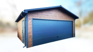 6×5,8m-es delux szigetelt mobilgarázs nyeregtetővel, sötét diófa falakkal, antracitszürke szekcionált kapuval és ajtóval, ablakkal, szellőzőráccsal, szegélyekkel, ereszcsatornával, antracitszürke cserepeslemez tetőborítással