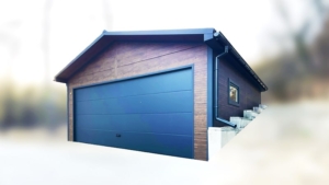 6×5,8m-es delux szigetelt mobilgarázs nyeregtetővel, sötét diófa falakkal, antracitszürke szekcionált kapuval és ajtóval, ablakkal, szellőzőráccsal, szegélyekkel, ereszcsatornával, antracitszürke cserepeslemez tetőborítással