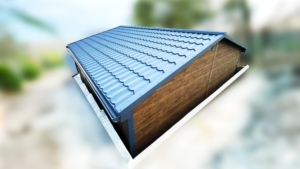 6×5,8m-es delux szigetelt mobilgarázs nyeregtetővel, sötét diófa falakkal, antracitszürke szekcionált kapuval és ajtóval, ablakkal, szellőzőráccsal, szegélyekkel, ereszcsatornával, antracitszürke cserepeslemez tetőborítással