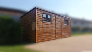 5,1×1,7m-es fém kerti tároló hátra lejtő tetővel, világos aranytölgy falakkal és ajtóval, 2db ablakkal, csokoládébarna tetővel, szegélyekkel, horganyzott vázszerkezettel, vízszintes lemezborítással