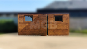 5,1×1,7m-es fém kerti tároló hátra lejtő tetővel, világos aranytölgy falakkal és ajtóval, 2db ablakkal, csokoládébarna tetővel, szegélyekkel, horganyzott vázszerkezettel, vízszintes lemezborítással