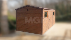 3x5m-es delux fém kerti tároló nyeregtetővel, csokoládébarna cserepeslemez tetővel, sötét diófa falakkal és ajtóval, 2db ablakkal, szegélyekkel, horganyzott vázszerkezettel, vízszintes lemezborítással