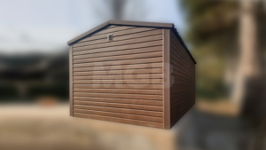 3x5m-es delux fém kerti tároló nyeregtetővel, csokoládébarna cserepeslemez tetővel, sötét diófa falakkal és ajtóval, 2db ablakkal, szegélyekkel, horganyzott vázszerkezettel, vízszintes lemezborítással