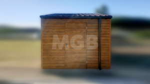 6x3m-es delux fém kerti tároló nyeregtetővel, csokoládébarna cserepeslemez tetővel, világos aranytölgy falakkal, billenőkapuval és ajtóval, ablakkal, ereszcsatornával, szegélyekkel, horganyzott vázszerkezettel, vízszintes lemezborítással