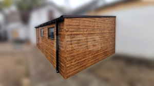 6x4m-es delux fém kerti tároló előre lejtő tetővel, cserepeslemez tetővel, aranytölgy falakkal és ajtóval, 2db ablakkal, ereszcsatornával