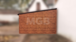 6x4m-es delux fém kerti tároló előre lejtő tetővel, cserepeslemez tetővel, aranytölgy falakkal és ajtóval, 2db ablakkal, ereszcsatornával