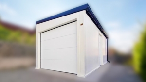 3x5m-es delux szigetelt mobilgarázs antracitszürke nyeregtetővel, fehér falakkal, szekcionált kapuval és ajtóval, szegélyekkel, ereszcsatornával, horganyzott vázszerkezettel