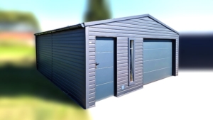 6x6m-es delux szigetelt mobilgarázs, antracitszürke nyeregtetővel, szekcionált kapuval, ajtóval, ablakkal, szegélyekkel, ereszcsatonával, horganyzott vázszerkezettel