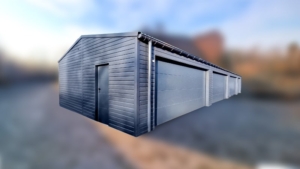 21,7x6,5m-es delux szigetelt mobilgarázs, nyeregtetővel, 4db szekcionált kapuval, ajtóval, szegélyekkel, ereszcsatonával, horganyzott vázszerkezettel, antracitszürke színben