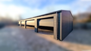 21,7x6,5m-es delux szigetelt mobilgarázs, nyeregtetővel, 4db szekcionált kapuval, ajtóval, szegélyekkel, ereszcsatonával, horganyzott vázszerkezettel, antracitszürke színben