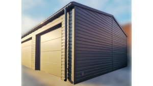 21,7x6,5m-es delux szigetelt mobilgarázs, nyeregtetővel, 4db szekcionált kapuval, ajtóval, szegélyekkel, ereszcsatonával, horganyzott vázszerkezettel, antracitszürke színben