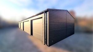 21,7x6,5m-es delux szigetelt mobilgarázs, nyeregtetővel, 4db szekcionált kapuval, ajtóval, szegélyekkel, ereszcsatonával, horganyzott vázszerkezettel, antracitszürke színben