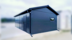 4,3x7,5m-es delux szigetelt mobilgarázs, nyeregtetővel, szekcionált kapuval, ajtóval, szegélyekkel, ereszcsatonával, horganyzott vázszerkezettel, antracitszürke színben