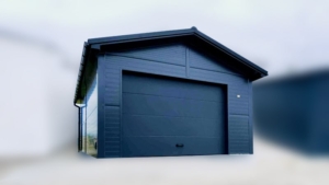 4,3x7,5m-es delux szigetelt mobilgarázs, nyeregtetővel, szekcionált kapuval, ajtóval, szegélyekkel, ereszcsatonával, horganyzott vázszerkezettel, antracitszürke színben