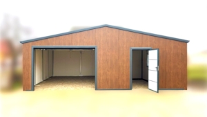 8x6m-es delux szigetelt mobilgarázs, sötét diófa falakkal, nyeregtetővel, antracitszürke szekcionált kapuval és ajtóval, szegélyekkel, ereszcsatonával, horganyzott vázszerkezettel