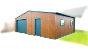 8x6m-es delux szigetelt mobilgarázs, sötét diófa falakkal, nyeregtetővel, antracitszürke szekcionált kapuval és ajtóval, szegélyekkel, ereszcsatonával, horganyzott vázszerkezettel