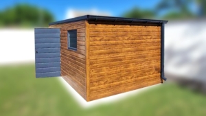 5x3m-es delux tároló jobbra lejtő tetővel, világos aranytölgy falakkal, matt antracitszürke kapuval, ablakkal, ereszcsatornával, szegélyekkel, horganyzott vázszerkezettel, vízszintes lemezborítással