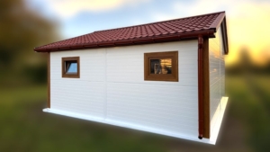 6×5,8m-es DELUX szigetelt mobilgarázs nyeregtetővel, szekcionált kapuval és 2db ajtóval, 2db ablakkal, 2db szellőzőráccsal, belső 2,4x2,9m-es leválasztott helyiséggel, szegélyekkel, ereszcsatornával, cserepeslemez tetőborítással, horganyzott vázszerkezettel