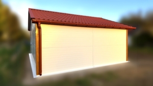 6×5,8m-es DELUX szigetelt mobilgarázs nyeregtetővel, szekcionált kapuval és 2db ajtóval, 2db ablakkal, 2db szellőzőráccsal, belső 2,4x2,9m-es leválasztott helyiséggel, szegélyekkel, ereszcsatornával, cserepeslemez tetőborítással, horganyzott vázszerkezettel