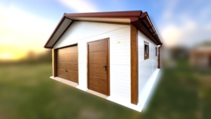 6×5,8m-es DELUX szigetelt mobilgarázs nyeregtetővel, szekcionált kapuval és 2db ajtóval, 2db ablakkal, 2db szellőzőráccsal, belső 2,4x2,9m-es leválasztott helyiséggel, szegélyekkel, ereszcsatornával, cserepeslemez tetőborítással, horganyzott vázszerkezettel