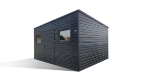 4,8x3,3m-es delux fém kerti tároló hátra lejtő tetővel, antracitszürke színben, ajtóval, 2db ablakkal, ereszcsatornával, szegélyekkel, horganyzott vázszerkezettel, vízszintes lemezborítással