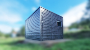 3x3m-es delux fém kerti tároló hátra lejtő tetővel, fahatású szürke színben, ajtóval, ablakkal, ereszcsatornával, szegélyekkel, horganyzott vázszerkezettel, vízszintes lemezborítással